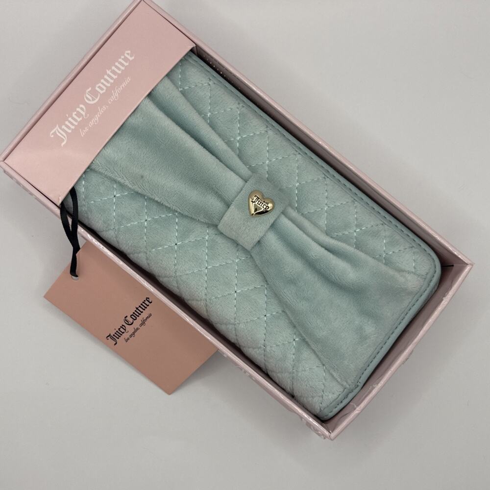 New! JUICY COUTURE Wallet Tied with a Bow Zip Around - Teal Velour